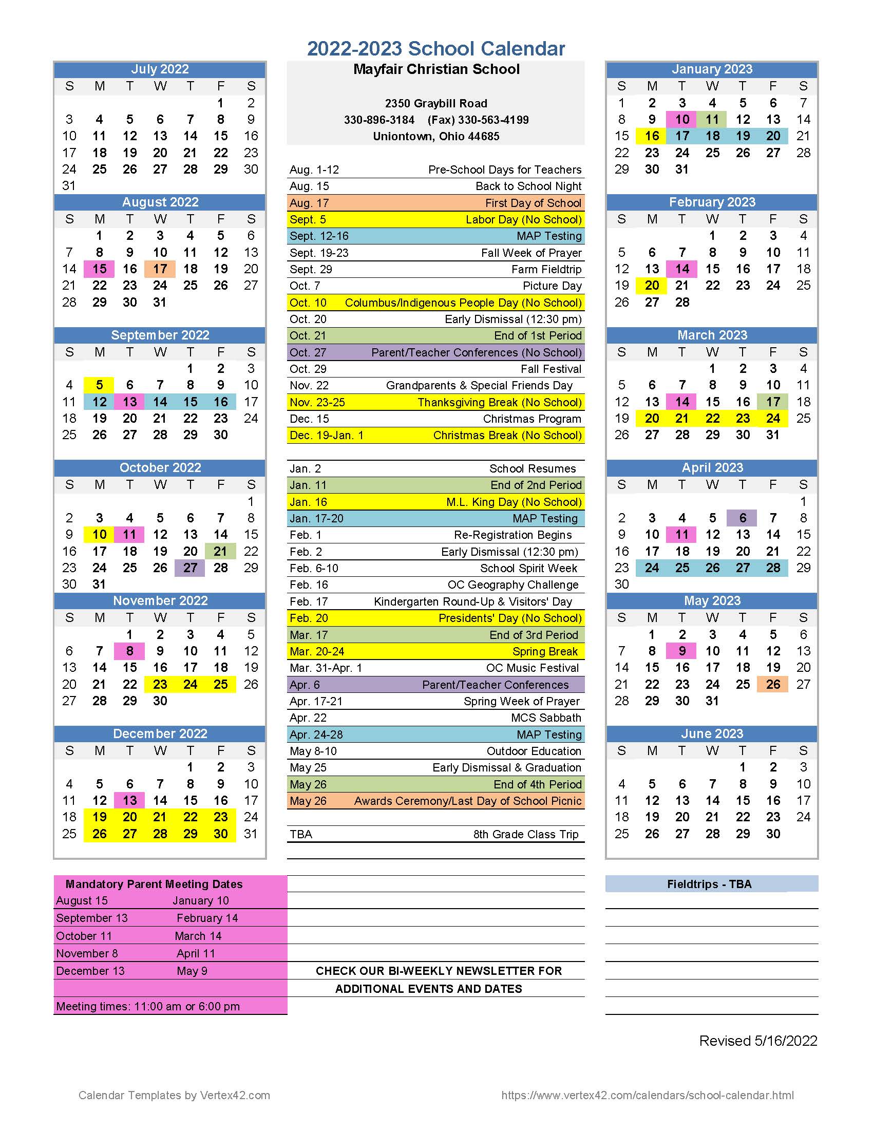 Calendar Mayfair Christian School