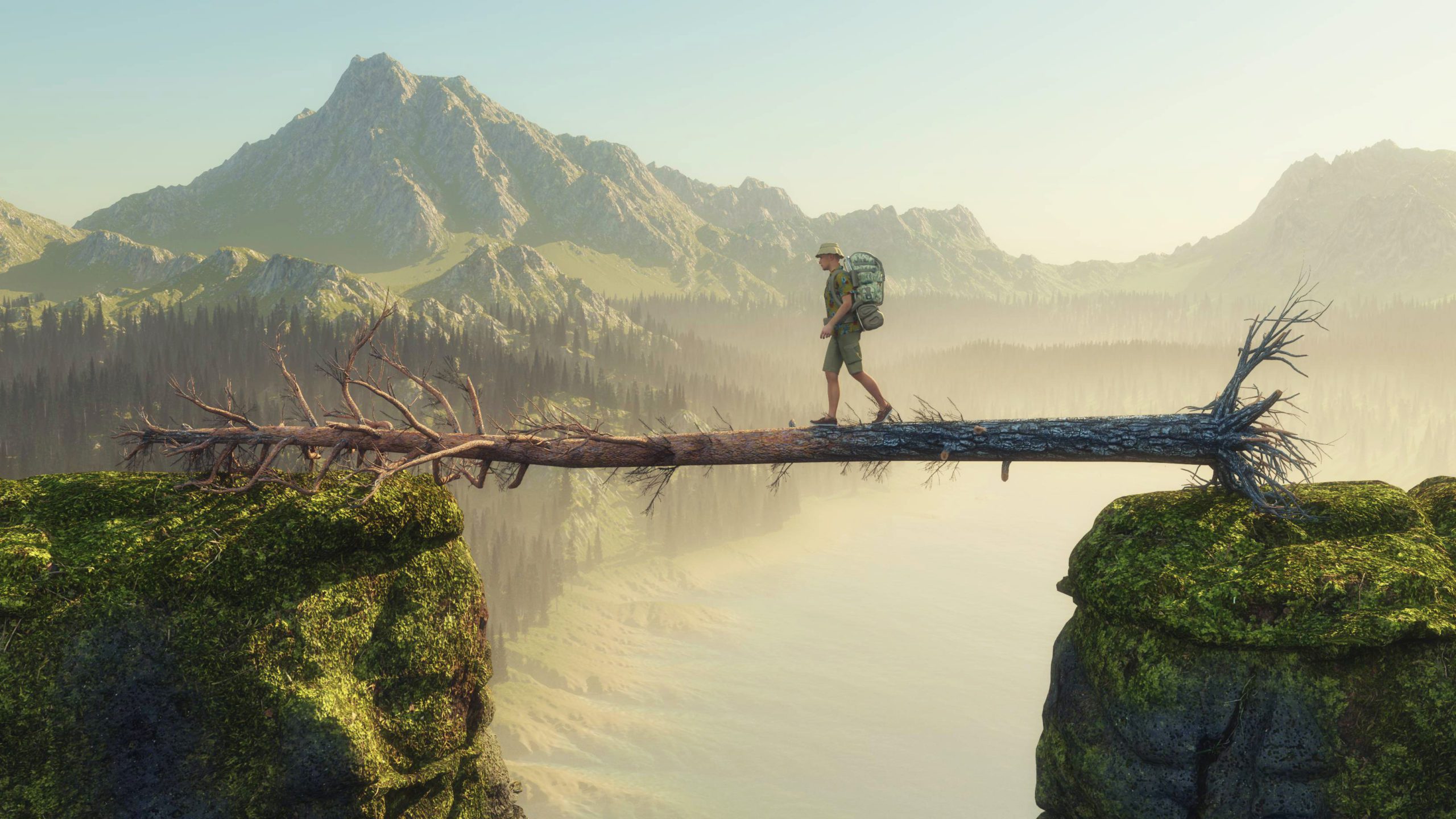 Traveler walking on fallen tree between two mountain rocks . This is a3d render illustration.